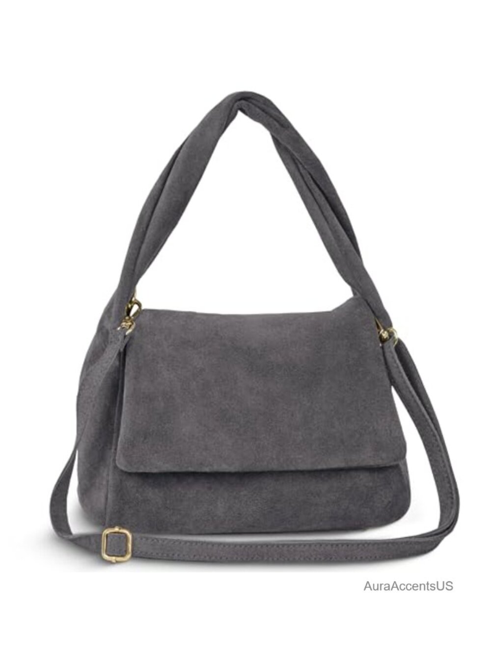 Genuine Suede Top-Handle Bag with Zipper Magnetic Flap & Twisted Handle